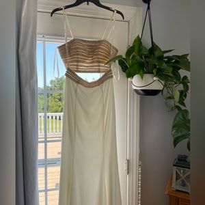 Jovani two piece bedazzled beaded bandeau top, gold crusted skirt